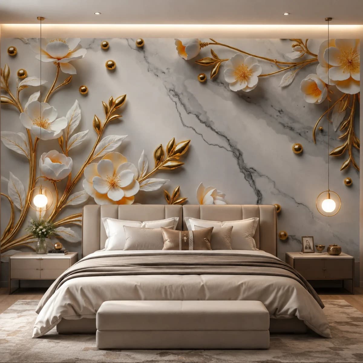 Elegant Golden Floral Marble Wallpaper