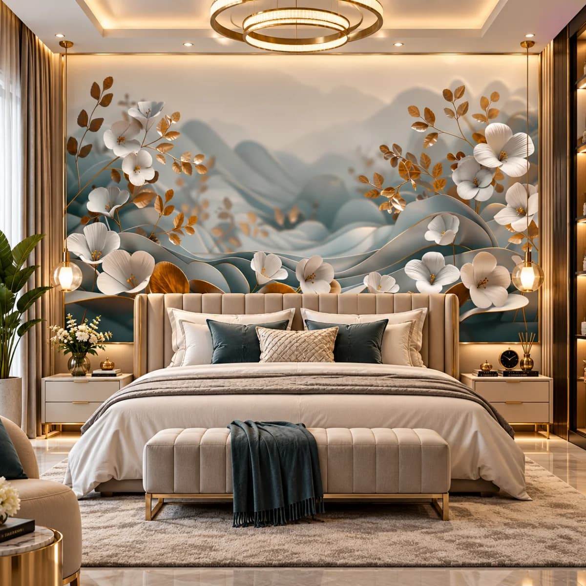 Luxury Floral Mountain Wallpaper